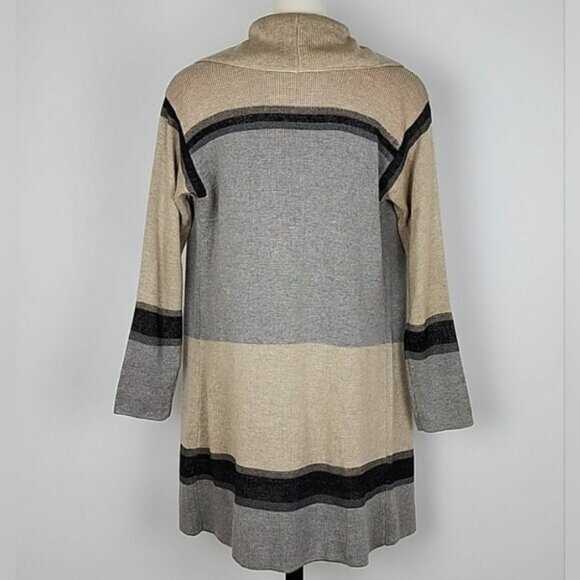 Calvin Klein Colorblock Tan Grey Open Front Long Knit Cardigan Wide Collar Sz S - Picture 3 of 12